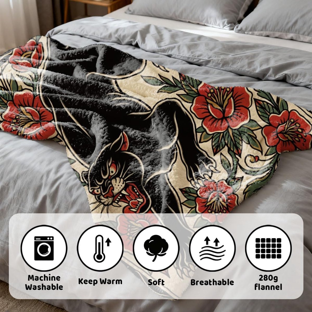 TNKBREEZ luipaardbloementatoeagedeken, zachte flanellen deken voor bed, kantoor, reizen, bank, beige, zeer warm - ShopVlot