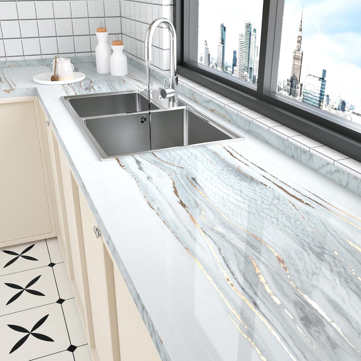 White/Grey/Gold Marble Wallpaper Kitchen Worktop Upholstery Vinyl Self Adhesive Kitchen Counter Vinyl Wrap Glossy - ShopVlot
