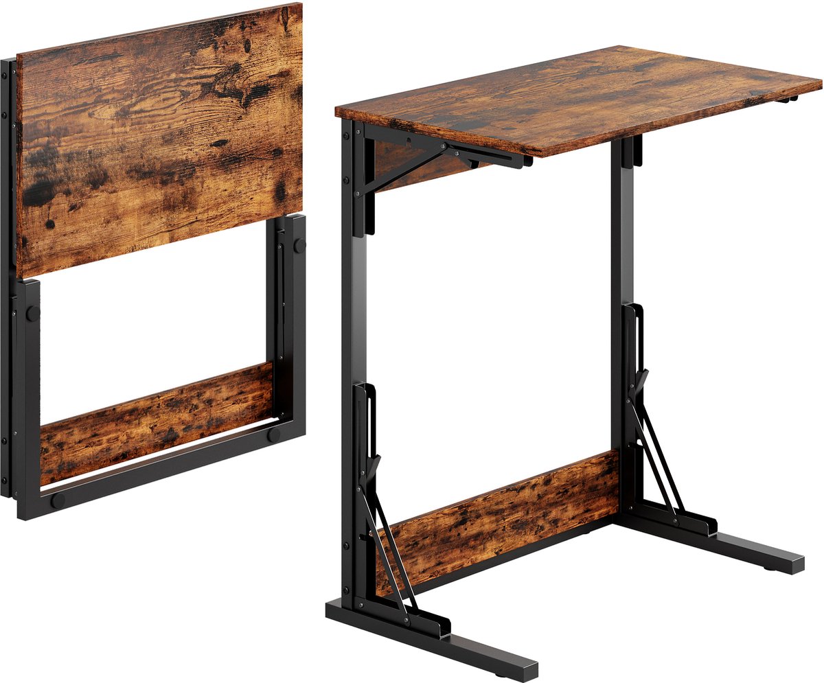 C-vormige inklapbare bijzettafel 2-delig - Met metalen frame en verstelbare voetjes - Geschikt voor woonkamer, slaapkamer, kantoor - Als tv-tafeltje te gebruiken - Afmetingen 60x37x71 cm - Kleur bruin