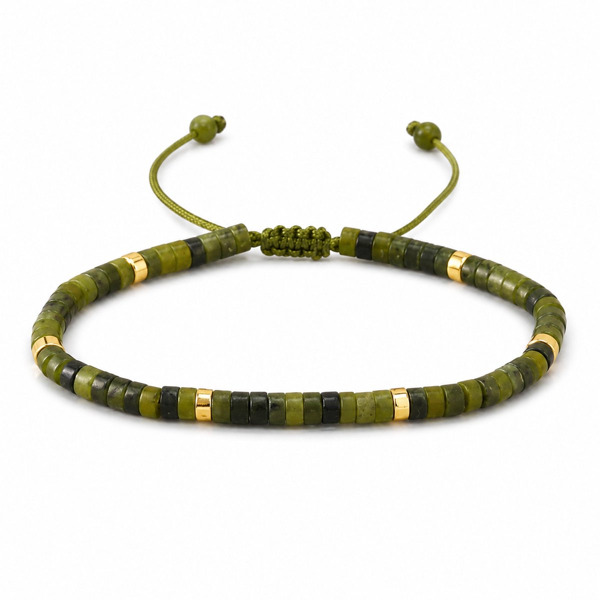 Uniseks armband Olive Jade natuursteen 4 mm – Verstelbare kralenarmband met trekkoord – Groen met goudkleurige details – XS t/m XL