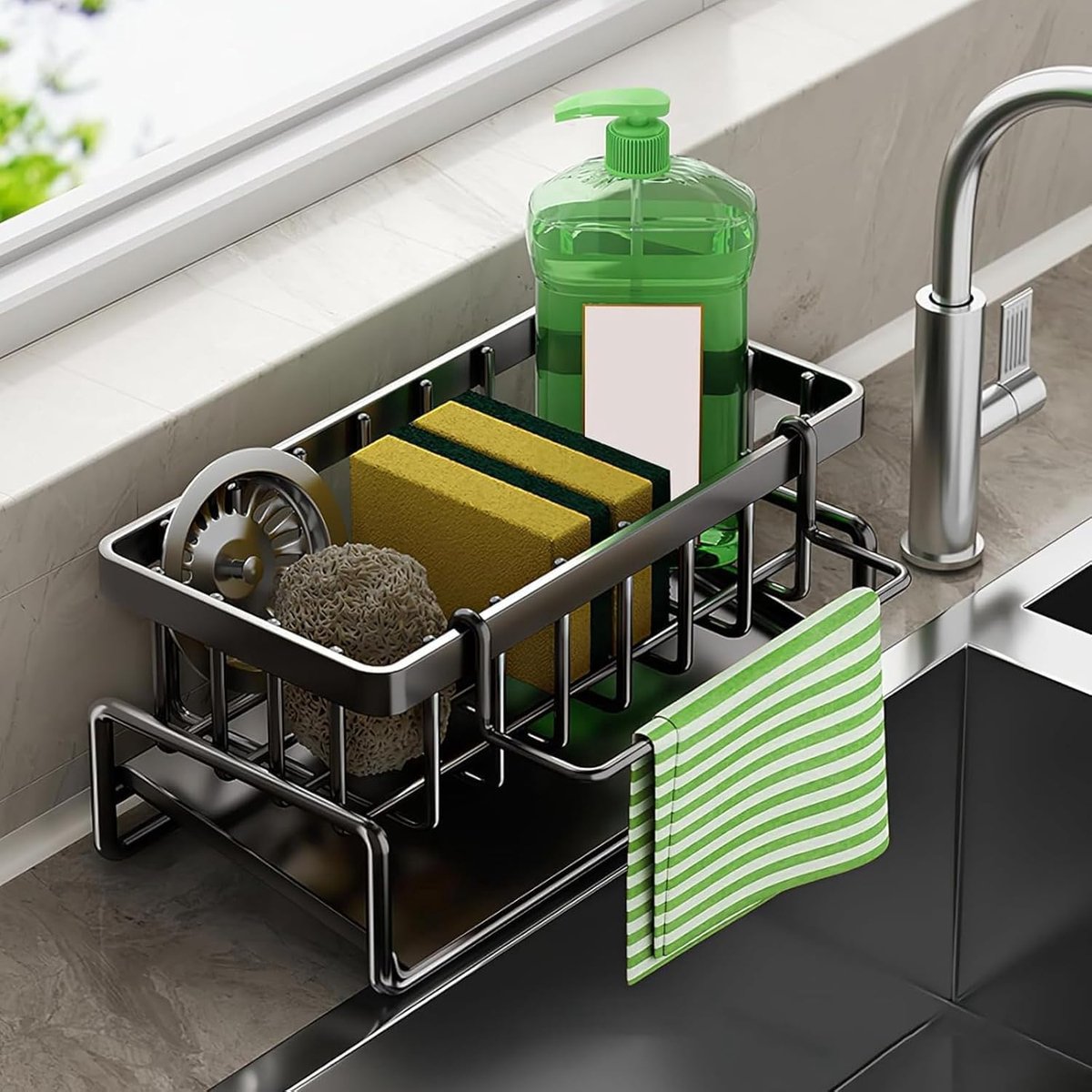 Multifunctionele keukengootsteenorganizer, aanrechtreinigingsrek met afneembare vaatdoekhanger en afvoerbak, afwasbak - ShopVlot