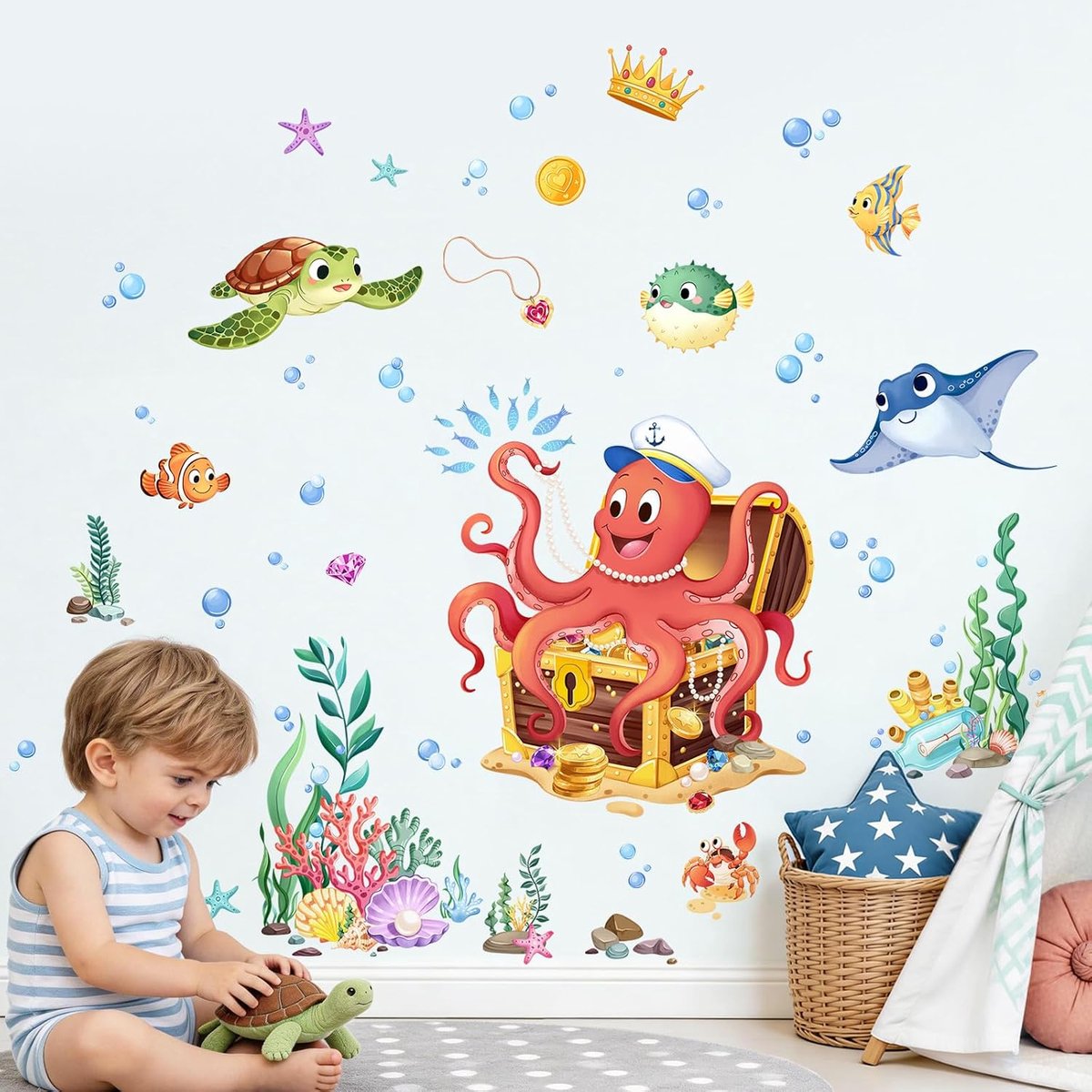 Supzone Muurtattoo Onder de Zee Muursticker Octopus Zeeschildpad Onderwater schattenjacht Muursticker Kinderkamer - ShopVlot
