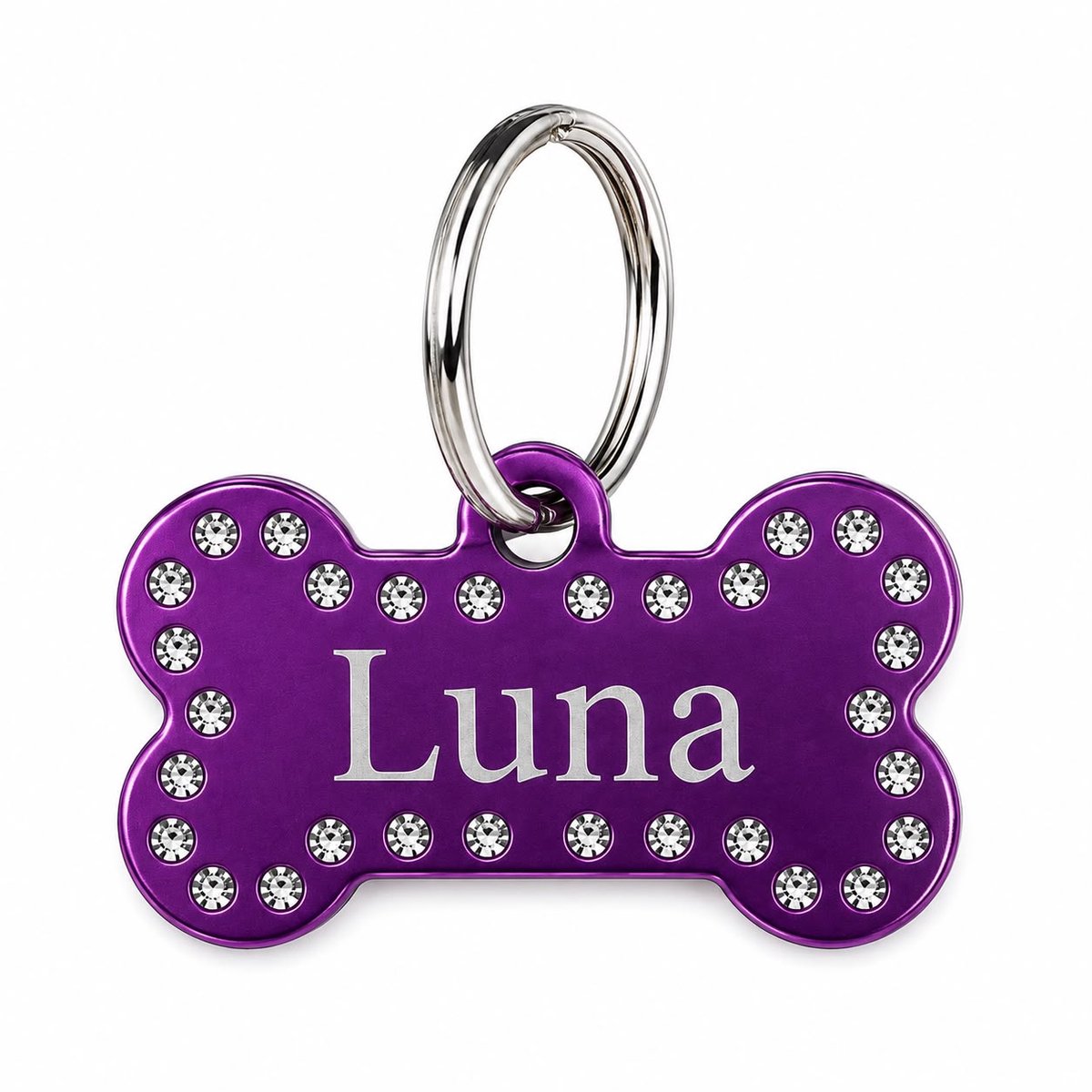 Luxe Hondenpenning Botje met Strass | Paars | Inclusief Graveren | Hondenbotje met Strass | Aluminium Hondenpenning | Petshop Seven®