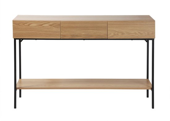Vue frontale d'une console étroite en bois à trois tiroirs et une étagère inférieure, avec un cadre en métal noir.