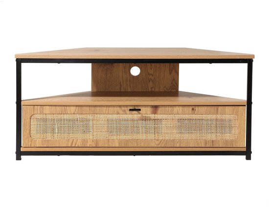 Meuble TV d'angle en bois avec une porte en cannage et un cadre en métal noir.