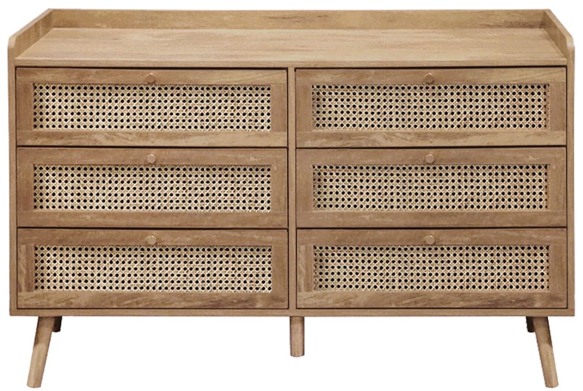 CaliCosy Ladekast met 6 laden en natuurlijke rotan fronten 120x39x79cm - PALMO Houtlook