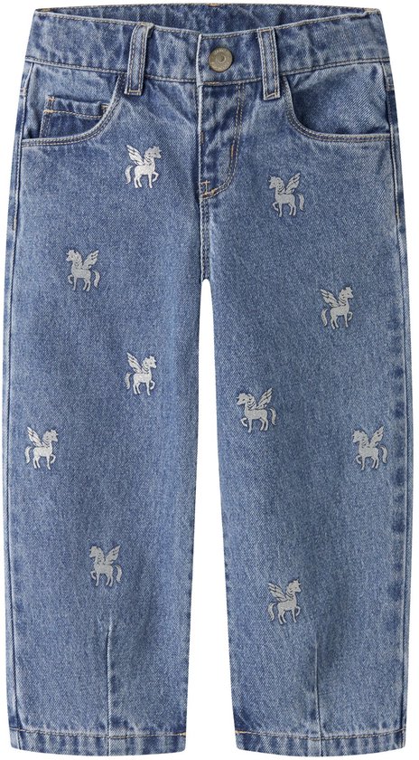 Blauwe jeans met all-over print van Pegasus in glitter. Recht model met split aan de onderkant.