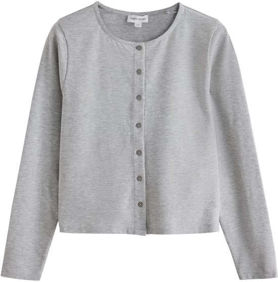 Grijze jersey cardigan met lange mouwen en knopen.