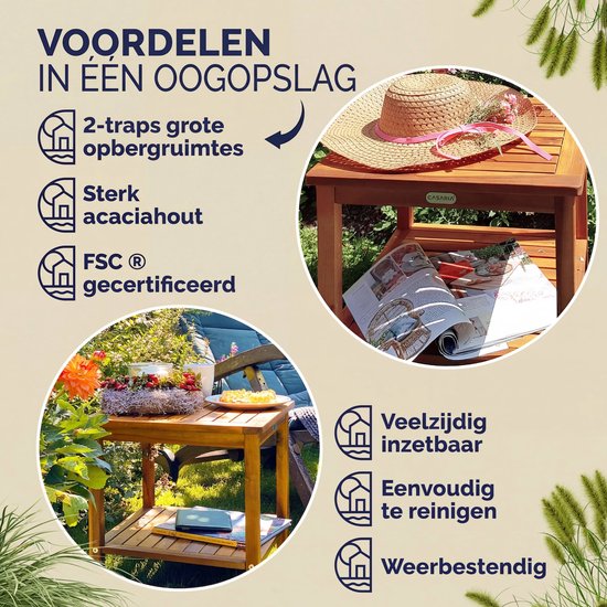 Houten bijzettafel met strooien hoed en tijdschriften, en informatie.