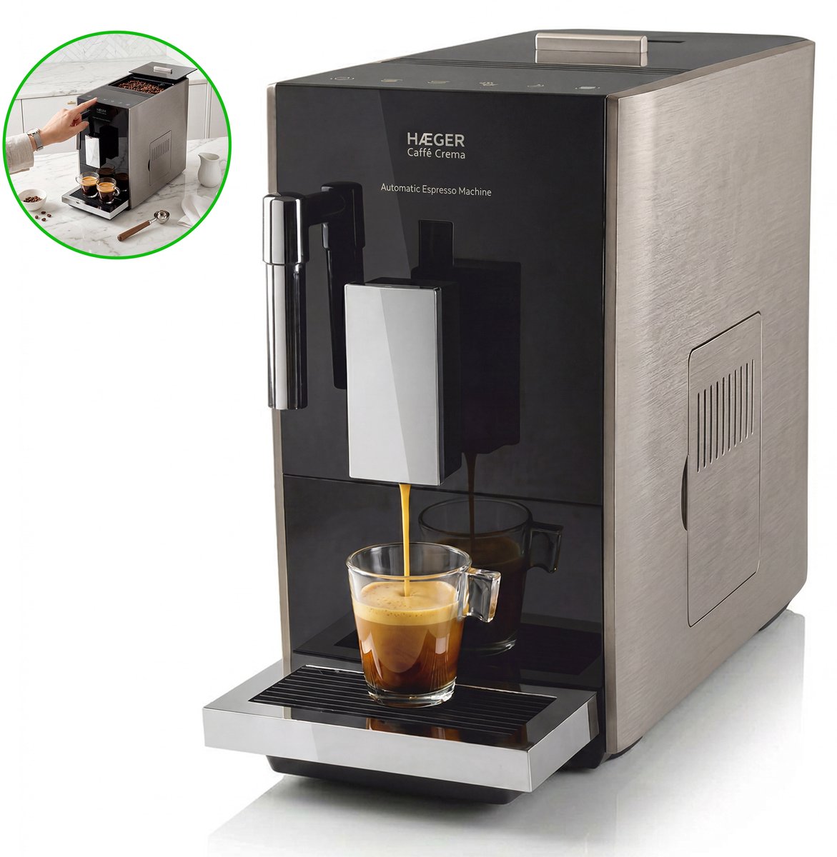 Haeger Caffè Crema Volautomatische Espressomachine - 2 Soorten Koffie & Heet water - Melkopschuimer voor Cappuccino - Koffiemachine met bonen - Zwart