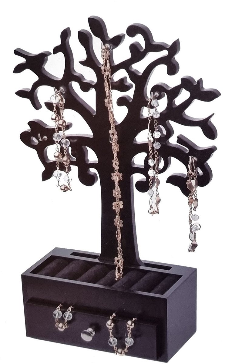 Dailygoods- Sieradenboom met lade - Houten Sieradendoos - Zwart - Sieradenrek - Sieradendoos voor volwassenen - Schuiflade voor opslag