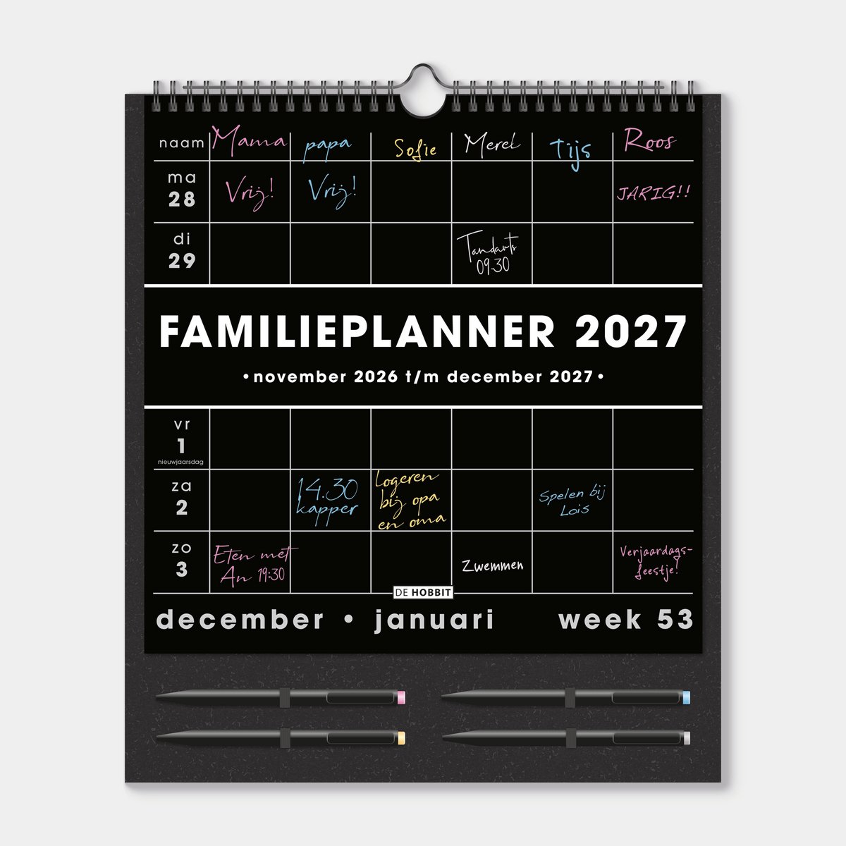 Hobbit - Familieplanner 2027 - A3 (37 x 32 cm) - Familiekalender - met 4 gekleurde pennen - 1 week op 1 pagina - zwart papier - 6 personen