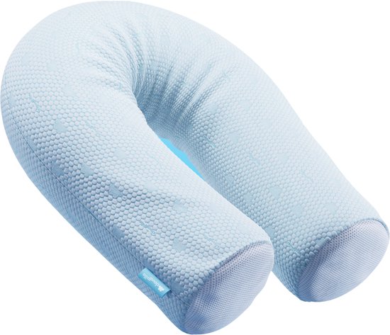 Een lichtblauw ergonomisch nekkussen met een gestructureerd oppervlak en een platte grijze rand.