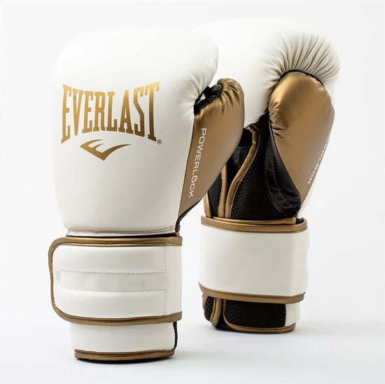 Everlast Powerlock handschoenen, wit met gouden accenten en "POWERLOCK" opdruk.