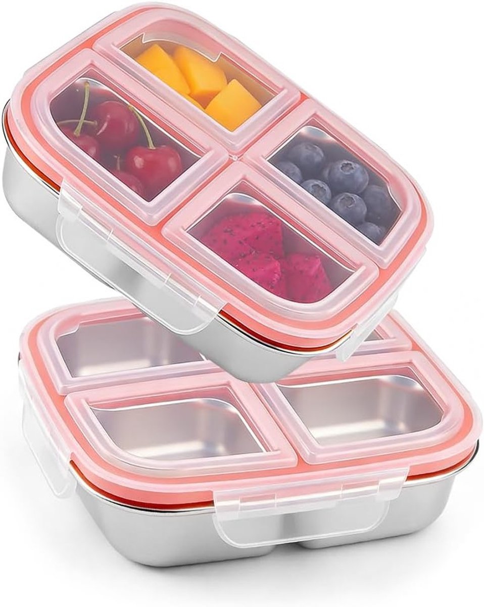 Herbruikbare Snackdoos met 4 Compartimenten van RVS, Perfect voor Noten, Groenten en Snacks, Vaatwasmachinebestendig