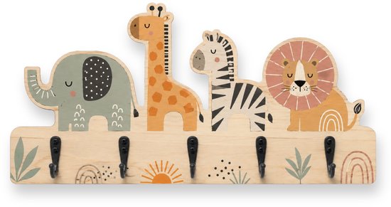 Houten kapstok met vijf haken en decoraties van een olifant, giraf, zebra en leeuw.