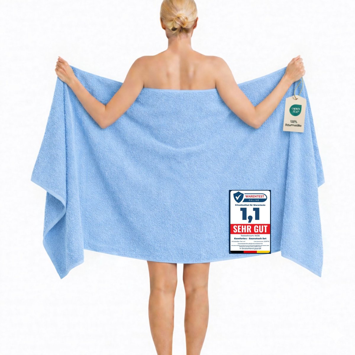 Komfortec Badhanddoek 100x200 cm van 100% Katoen, XXL Saunahanddoek, Grote Douchehanddoek, Zacht & Absorberend, Lichtblauw