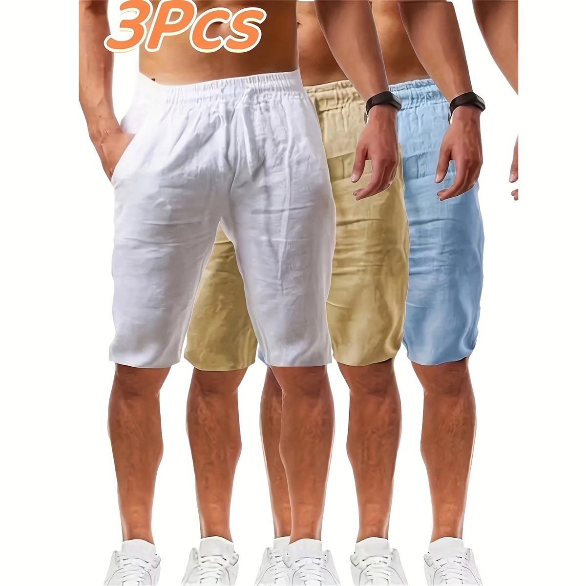 Currero Korte Linnen Broek Heren Zomerbroek Volwassenen Korte Broek Shorts Strandbroek Zomer Ibiza Stijl + + Hemelsblauw Khaki
