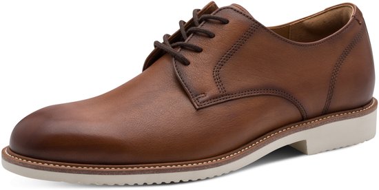 Chaussure Tamaris marron en cuir à lacets, avec semelle blanche, vue de côté.