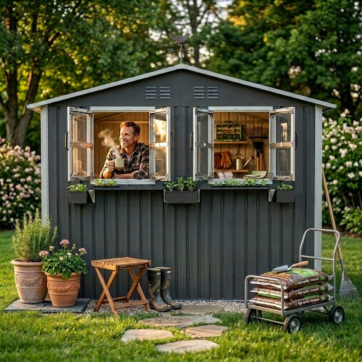 Multifunctionele tuinhuis - Metaal Gereedschapsschuur - Tuinhuis met Schuin Dak - 275 x 181 x 198 cm - Outdoor Tuinopslag - Weerbestendig - Met twee ramen - Voor Achtertuin, Terras en Grasveld - Houtskoolgrijs