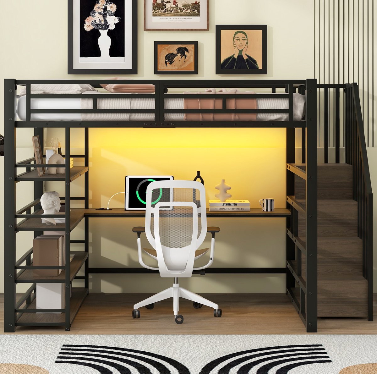 MEUNIQ hoogslaper 140x200 met geïntegreerd bureau, opbergrekken, LED-verlichting en USB-oplaadfunctie, metalen bedframe voor slaapkamer in zwart Black