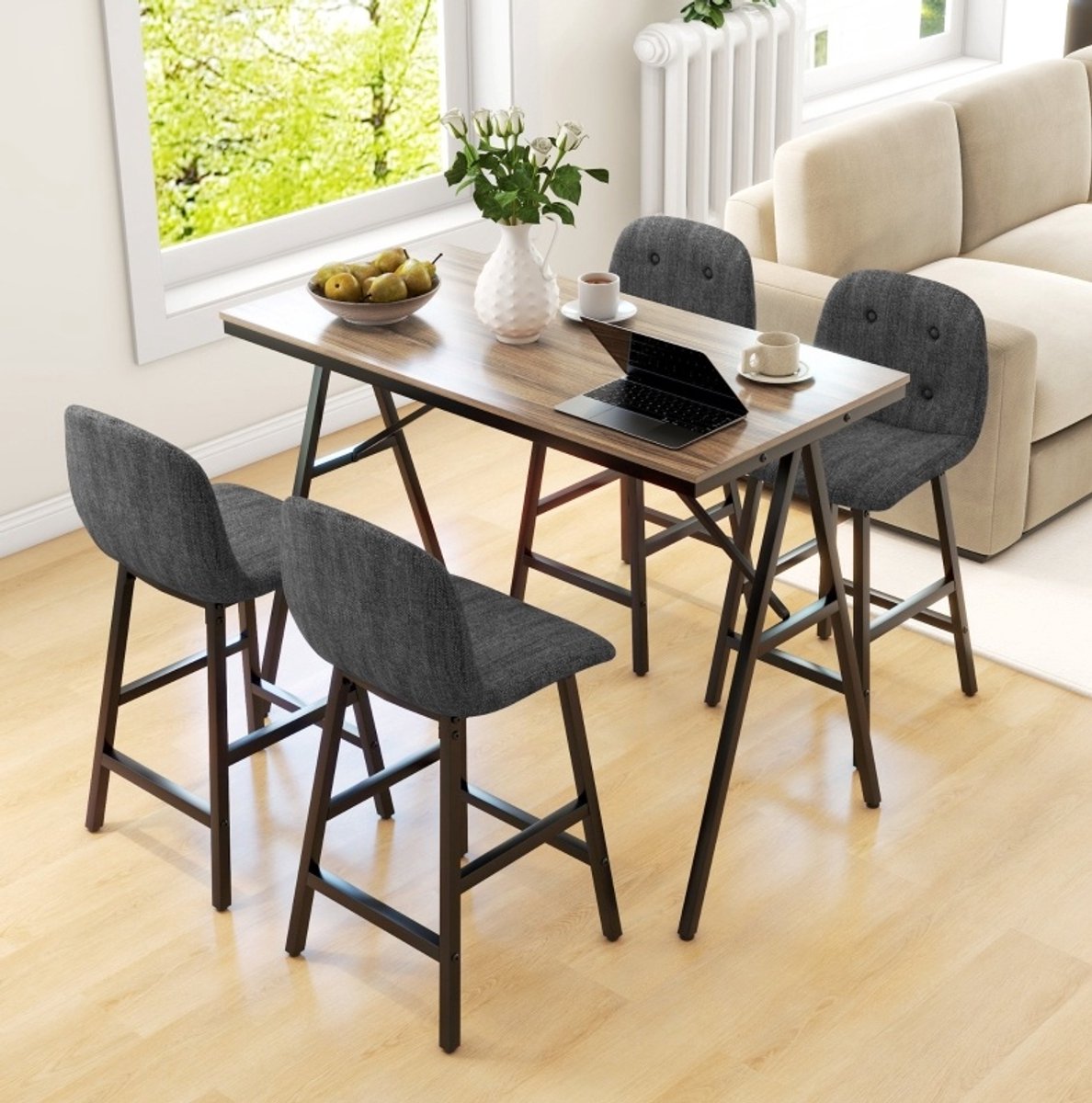 HAUSS SPOLE Barkrukken Set Met Bartafel - 5 Delig - Comfortabel Met Dikke Vulling En Rugleuning - Voor Keuken En Eethoek - Stof Donkergrijs