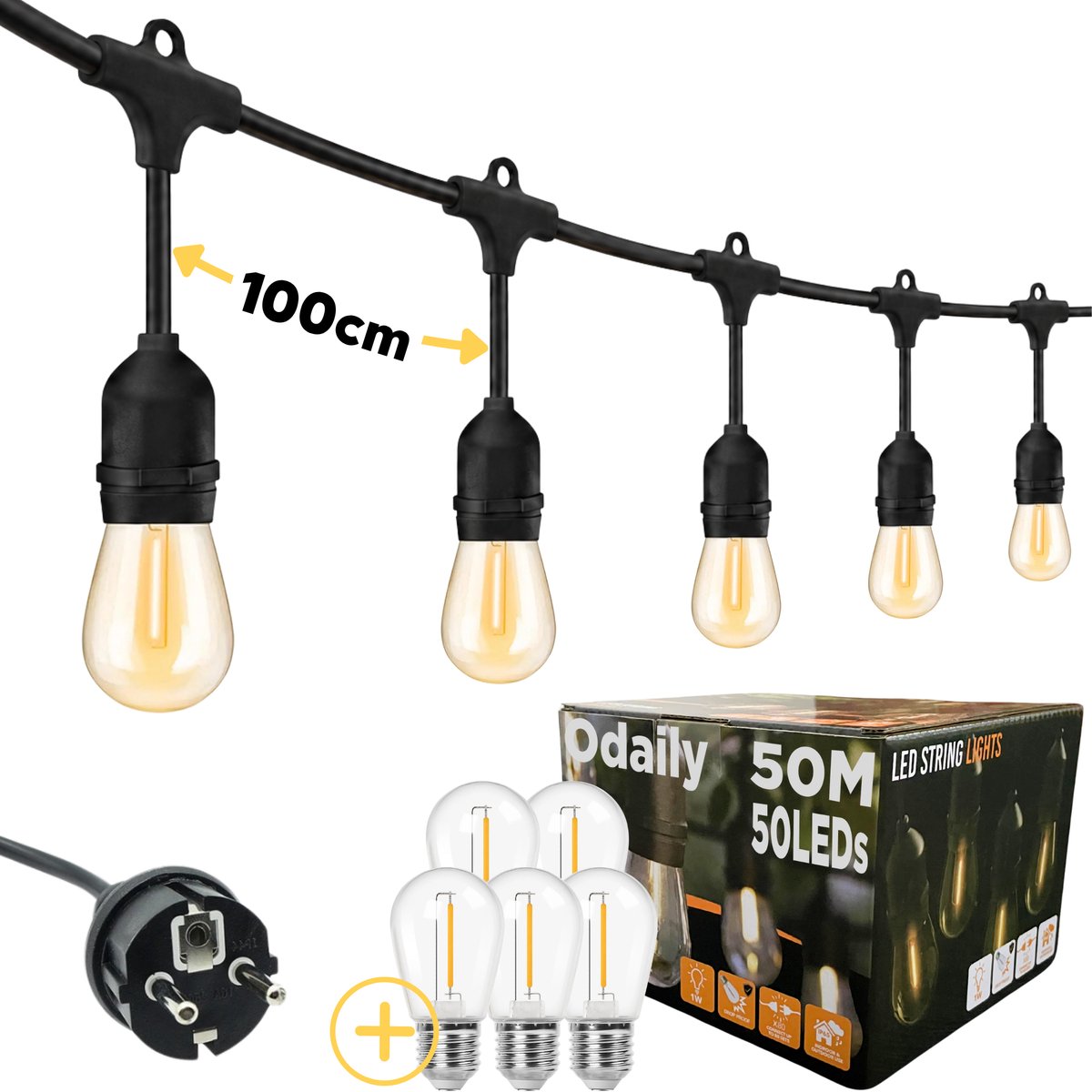 Odaily Lichtsnoer voor Buiten - 50 Meter - 50 LED Lampen - Warm Wit - IP65 - Professionele Kwaliteit