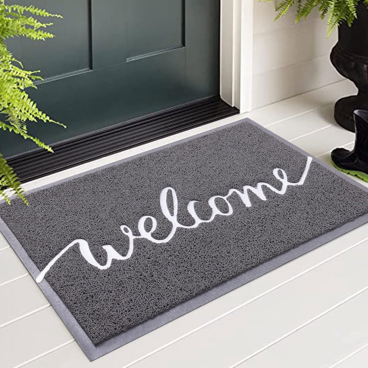 Famanu Welkom deurmat voor binnen en buiten, antislip, vuilafvangmat, wasbare deurmat voor tuin en entree, 60 x 90 cm, grijs Antraciet