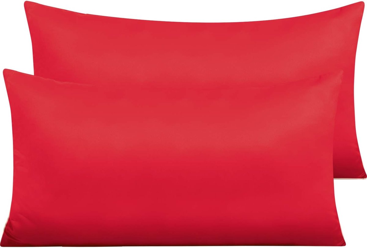 Famanu Set van 2 satijnen kussenslopen met ritssluiting, superzacht en onderhoudsvriendelijk, 40 x 80 cm, rood