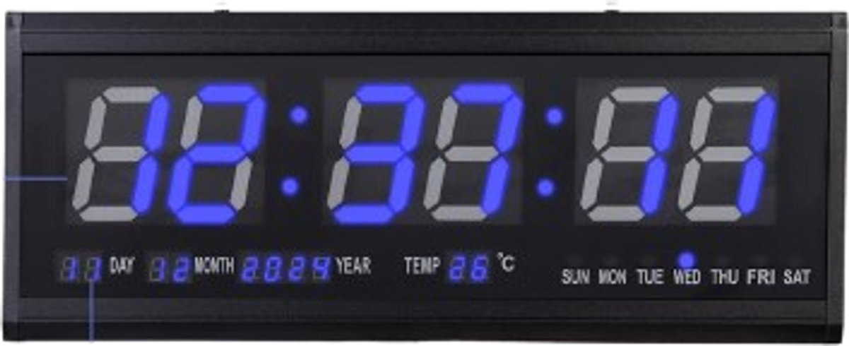 Cellista Digitale Wandklok LED 48cm - Grote LED Klok - Digitale Tafelklok - Datum Temperatuur Kalender Weergave - Wandklok met Blauw Display - 48 x 19 cm