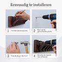 Instructies voor installatie van een bruine houten kapstok met 6 haken.