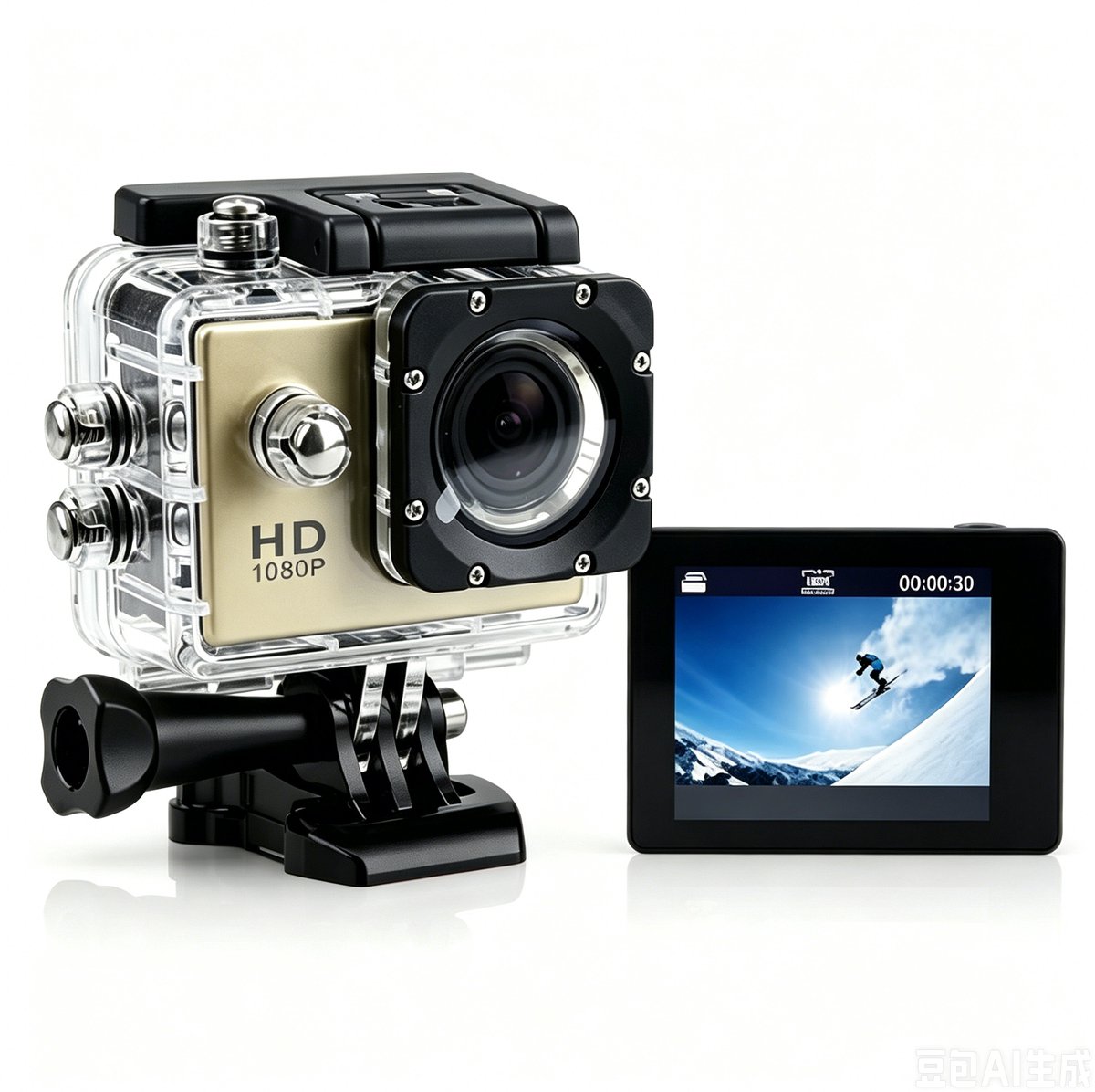 Camera-Action Camera Full HD 1080P - Waterdichte Onderwatercamera 30M - Sportcamera met 140° Groothoeklens en 2.0 Inch IPS Scherm - Motorhelm Camera met 3 Uur Batterijduur - Inclusief Accessoireset-Goud