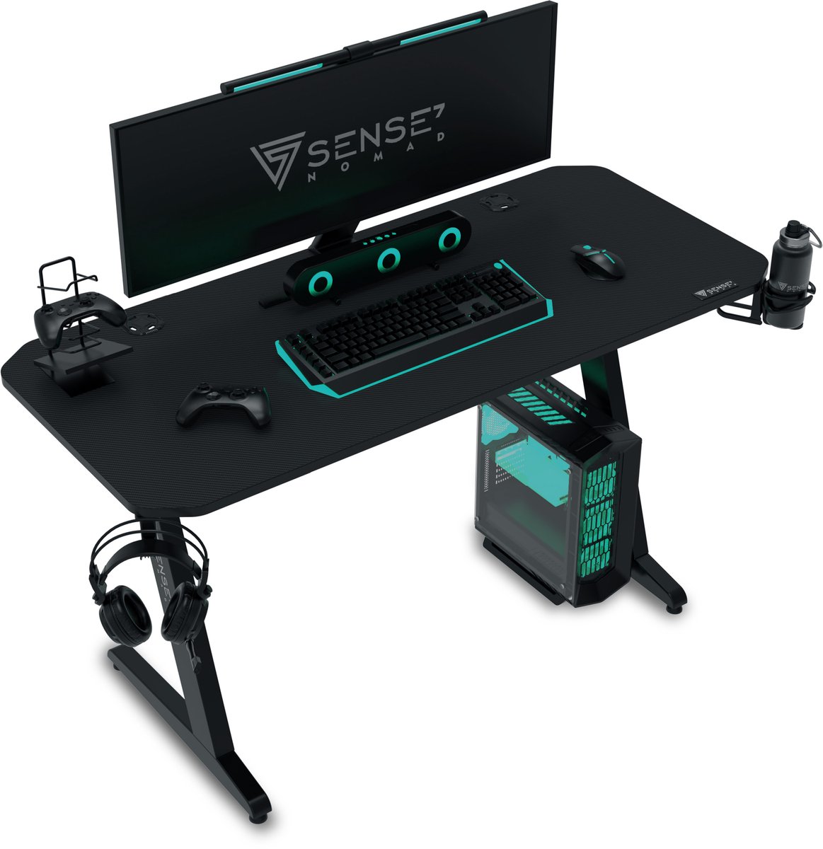 SENSE7 Nomad Basic - Gaming Bureau - 120x60 cm - Bekerhouder & Headsethaak - Computerbureau - Bureau - Kabelmanagement - Zwart