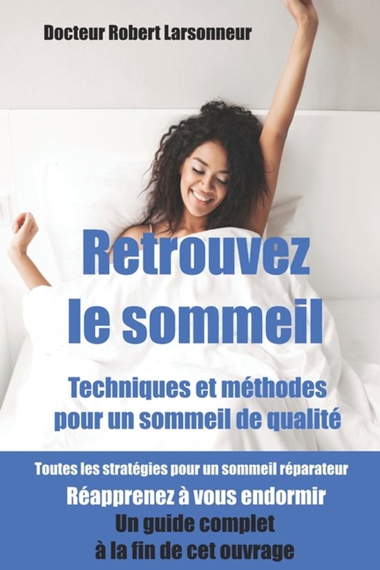 Boekomslag met de tekst 'Retrouvez le sommeil' en een lachende vrouw die zich uitrekt in bed.