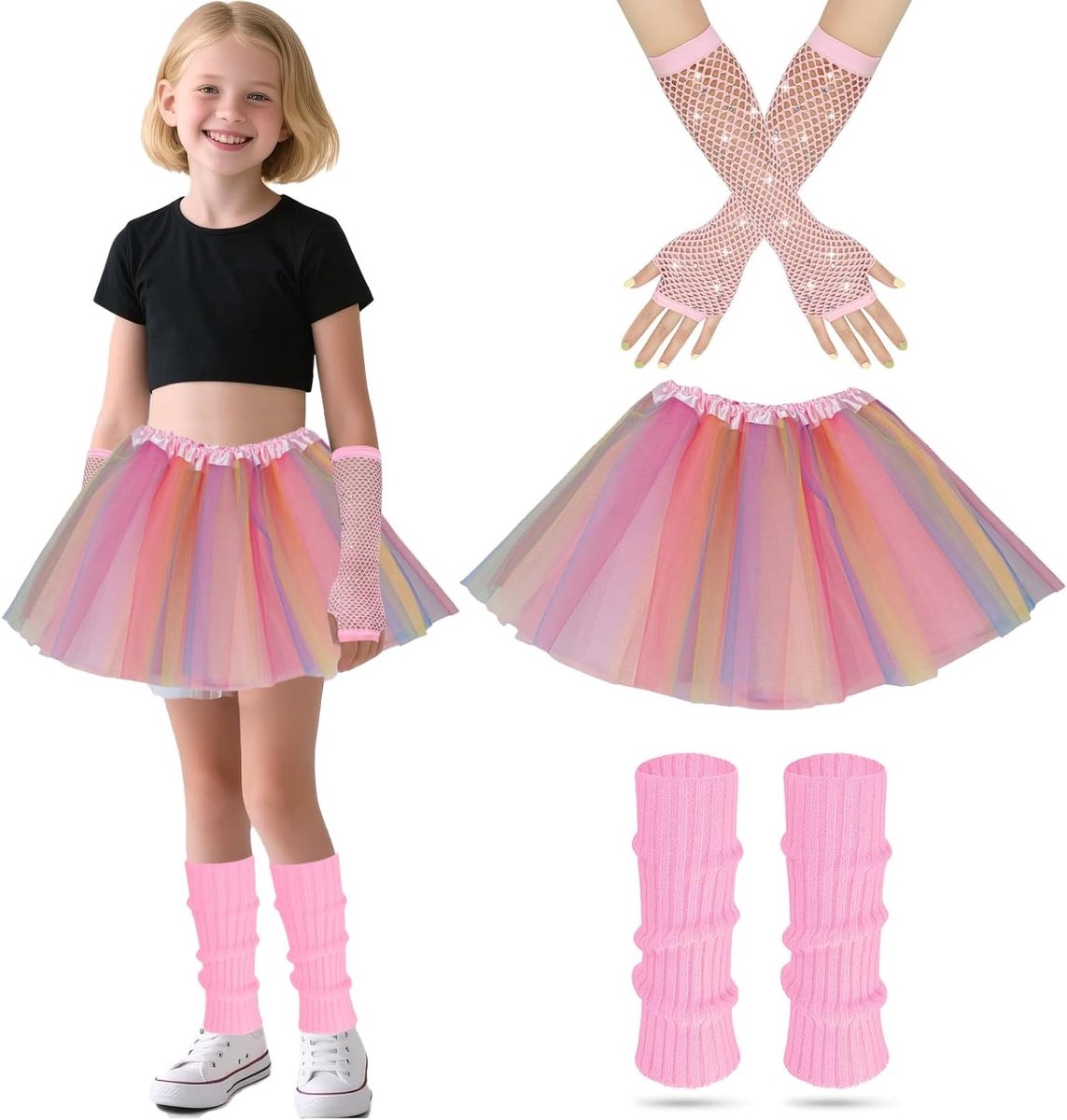 80s Kostuum voor Meisjes met Neon Beenwarmers, Visnet Handschoenen en Tutu Jurk voor Themaparty