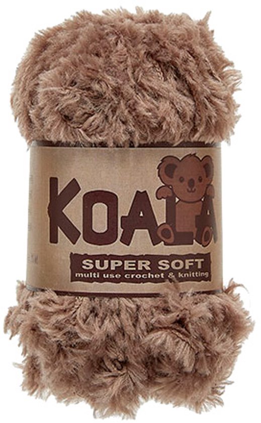 Fil à tricoter brun et duveteux avec 'KOALA SUPER SOFT' sur l'étiquette.