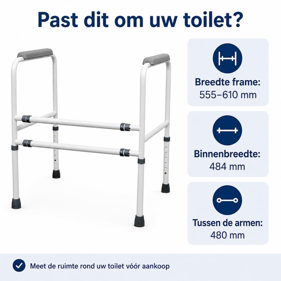 Wit toiletframe met grijze armleuningen, naast een toilet. Afmetingen breedte frame: 555-610 mm.