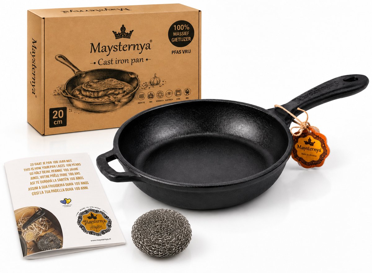Maysternya Koekenpan gietijzer - ø 20 x 4 cm - Gietijzeren pan voor alle warmtebronnen - Metalen handvat - Zwart