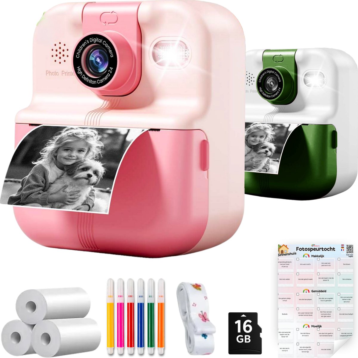 Kindercamera met Fotospeurtocht & Fotoprinter - Digitale Camera Kinderen - 11-in-1 Camera - Oplaadbaar - 48MP - Foto printer - Roze - Fototoestel voor kinderen - Instant Print Camera Kinderen