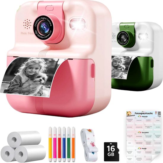 Kindercamera met Fotospeurtocht & Fotoprinter - Digitale Camera Kinderen - 11-in-1 Camera - Oplaadbaar - 48MP - Foto printer - Roze - Fototoestel voor kinderen - Instant Print Camera Kinderen