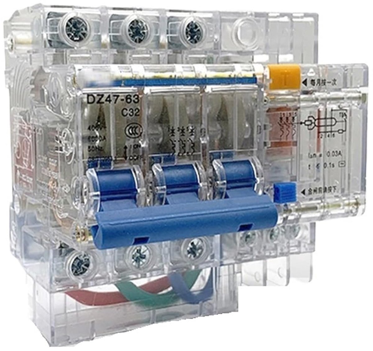 Aardlekschakelaar Type C - Stroomonderbreker Mini - Elektrische Beveiliging - 6 kA Uitschakelvermogen - 63 Ampère - Transparant