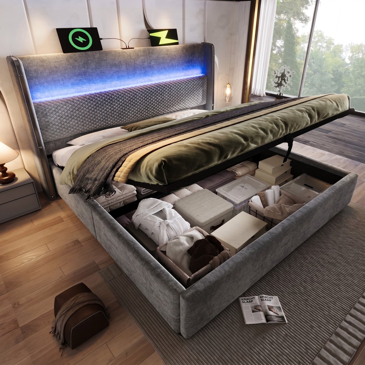 VVBV Bed met opbergruimte 180x200 / Tweepersoonsbed 180x200 – met Hydraulische Opbergruimte, LED-Verlichting, USB, USB-C – Hoofdbord – Linnen – Grijs Gray