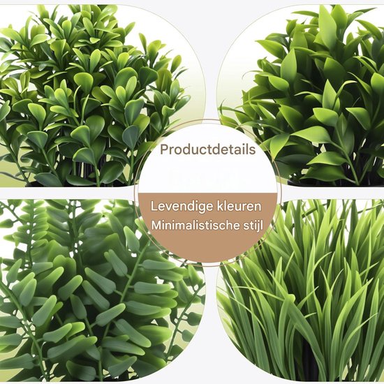 Collage van vier close-ups van kunstplanten: volle struik, grasachtige plant en varens.