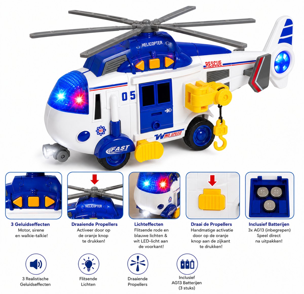 Rescue helicopter - Reddingshelikopter Avontuur Pro – Met Hijshaak, Geluiden & Lichteffecten 22CM - vanaf 3jaar - speelgoed politie helikopter-