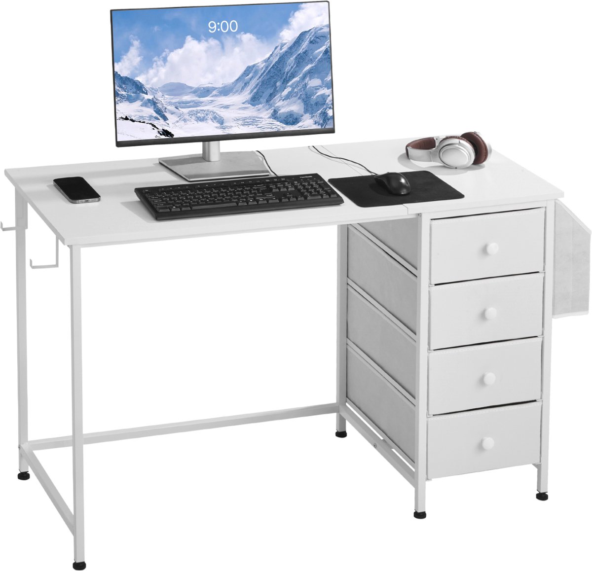 Vevor Computer Bureau met Stoflaadjes, 120 cm Omkeerbare Studie Werk Schrijfbureau voor Moderne Thuisbureau Slaapkamer, Eenvoudig Modern Knuffig PC Tafel Metalen Frame Kantoormeubilair, Wit