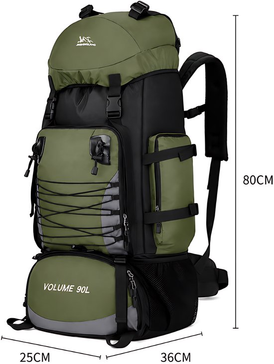 Groene en zwarte 90L trekking rugzak met afmetingen 25cm x 36cm x 80cm.
