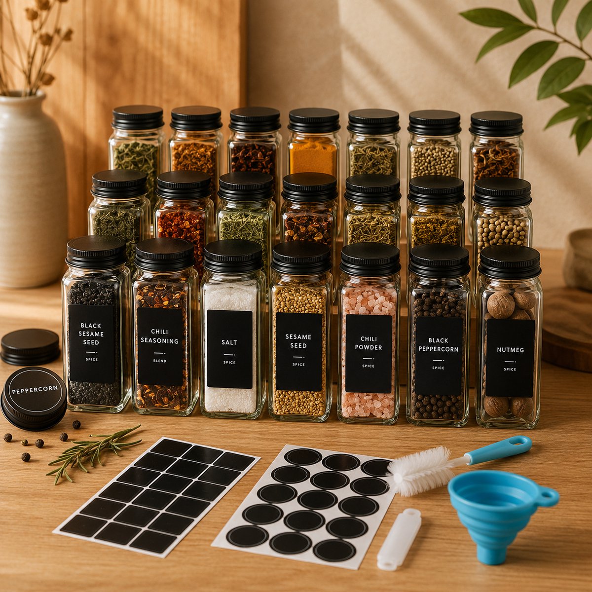 WoonWonder 24 Glazen Kruidenpotjes met Stickers – Rechthoekige Spice Jars met Zwart Aluminium Draaideksel – Kruidenstrooier Set incl. 30 Vierkante Labels, 24 Ronde Labels, Trechter en Borstel – 100ml