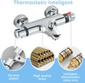 Chromen thermostatische douchekraan met detailshots van de plating en de binnenkant van de klep.