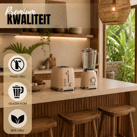 Motivai Blender - 800W Krachtige Smoothie & Soepmaker - 1.5L - BPA-vrij & PHAS-vrij - Stil & Veilig in Gebruik - RVS Messen & Dubbelwandig Retro Design - Matte Beige van Motivai — afbeelding 2