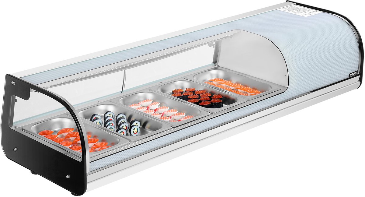 VEVOR Sushi Display Case Refrigerator, 52L Commercial Sushi Case, 5-Pan Countertop Showcase with Curved Glass, LED Lighting, en Digitale Temperatuurregeling, voor Sushi-Bar Counter, Restaurant, Store